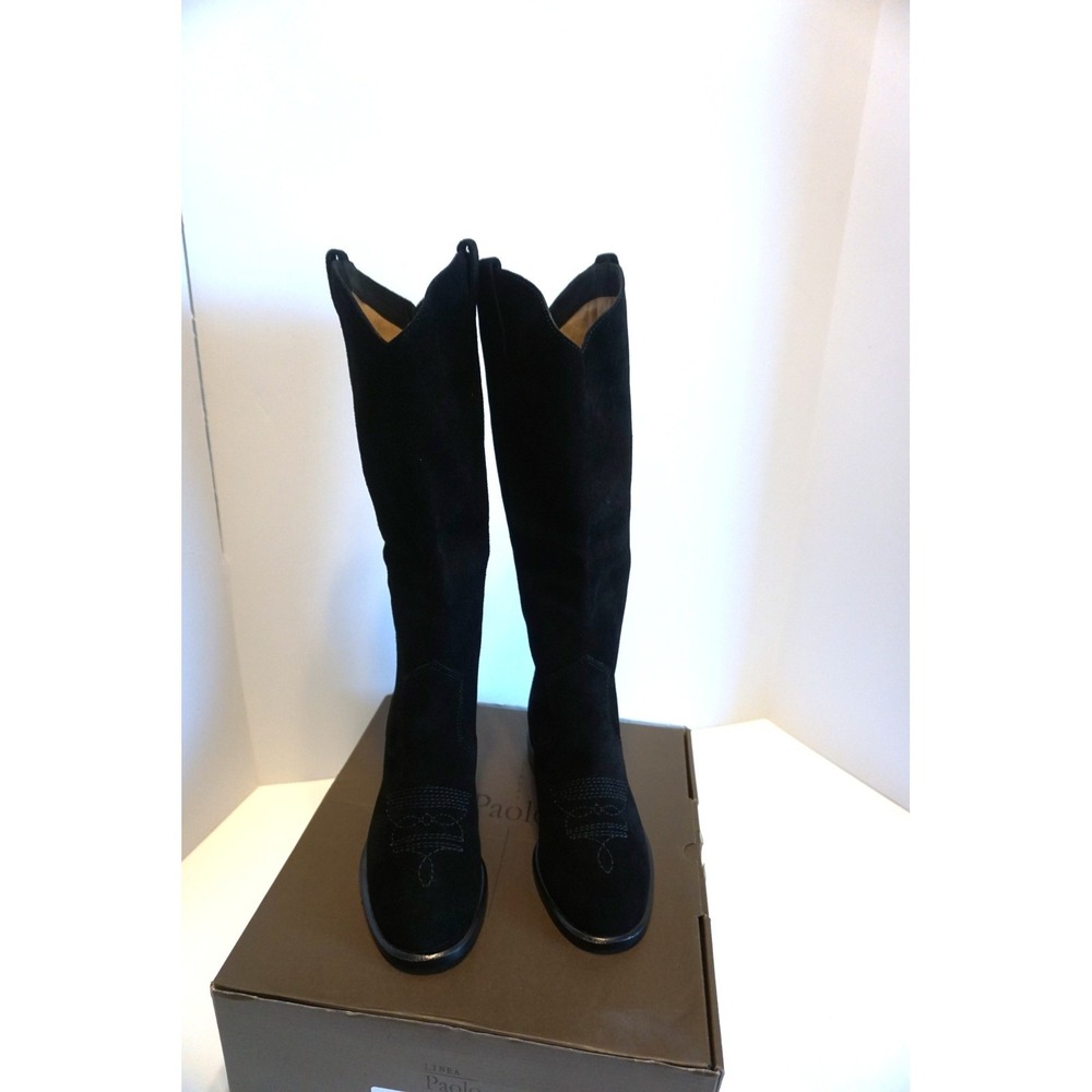 Linea Paolo Tracy-L Black Cow Suede Tall Western Boots Womens 6M Pull On Stitch